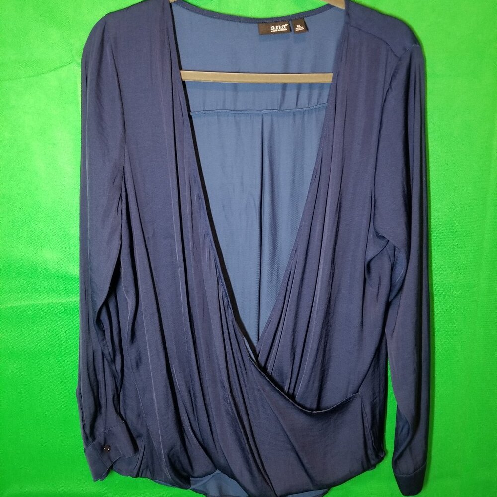 A.N.A. Faux Wrap Long Sleeve Blouse Blue Boho Women's XL Office Party